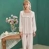 Cute Princess Pajama Set Women Victorian Lace Ruffle Sleepwear Romantic Cotton Loungewear with Bow Sweet Homewear Jogger Pants