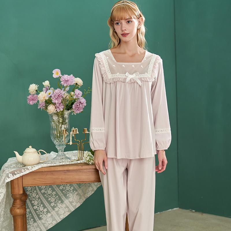 Cute Princess Pajama Set Women Victorian Lace Ruffle Sleepwear Romantic Cotton Loungewear with Bow Sweet Homewear Jogger Pants