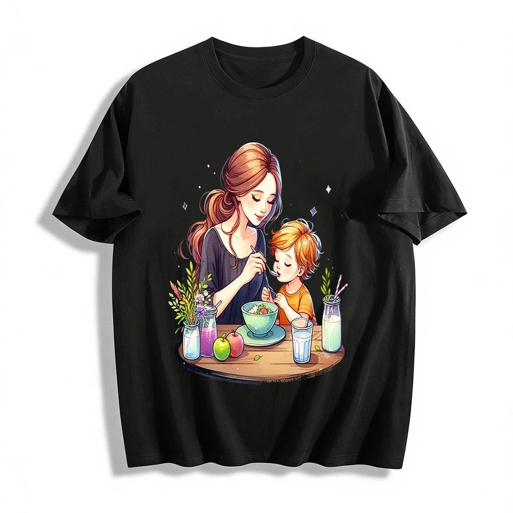 Warm Parent-Child Feeding Print Top Mother-Child Warmth Casual T-Shirt Pure cotton T-shirt XXS