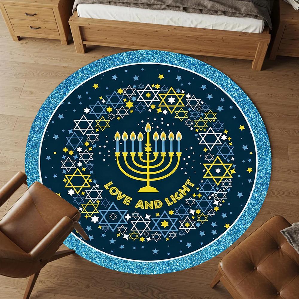 1pc Hanukkah Menorah Round Chair mat office Area Rug - Non-Slip, Floor Mat for Office, Bedroom, Ideal home decor gift c0112066