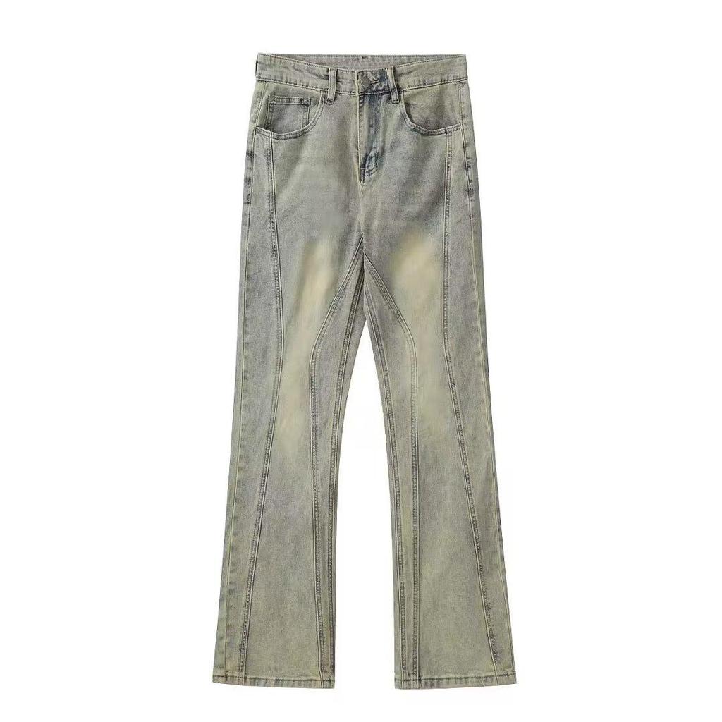 Unisex American Retro Flared Yellow Mud-Dyed Jeans