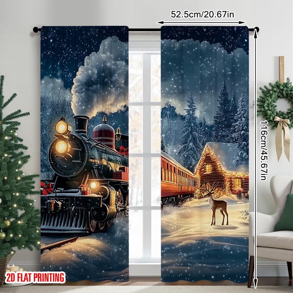 2pcs 2D flat printing Merry Christmas Curtain Christmas Train1 Versatile Polyester Fabric Without Electricity Family Party