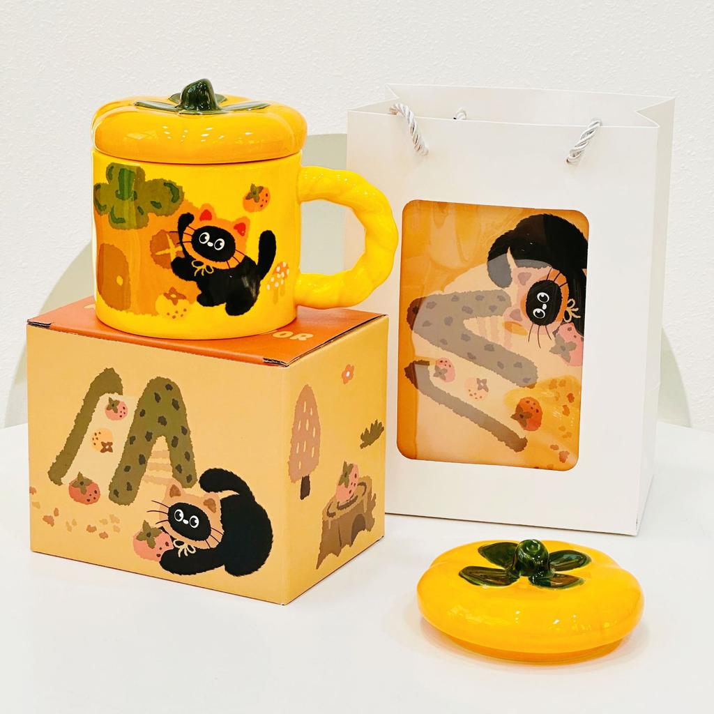 Opening Small Gift with Lid Cartoon Cat Cute Water Cup Household Set Ceramic Cup High Value Small Orange Cup