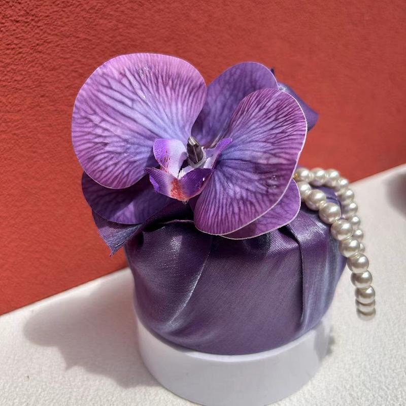 Fabric Flower Knot Bag Satin Silk Orchid Handbag Jewerly Packaging Box Wedding Candy Bag