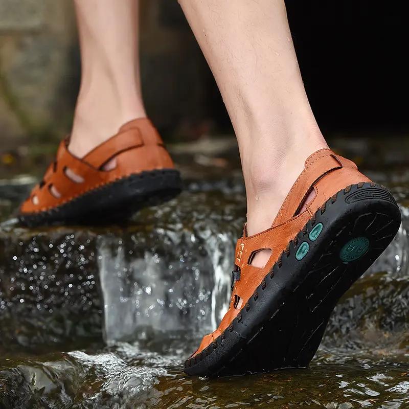 Summer Men's Hollow Leather Beach Sandals Closed Toe Slippers For Men Flip Flops Outdoor Casual Beach Shoe Wide Big Size