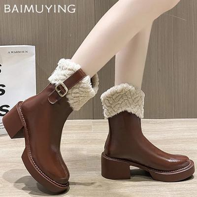 Klobige Pelz Damen Stiefeletten Leder Mittelhohe Absätze Designerschuhe 2025 Trend Neue Marke Wintermode Pumps Goth Neu Botas De Mujer