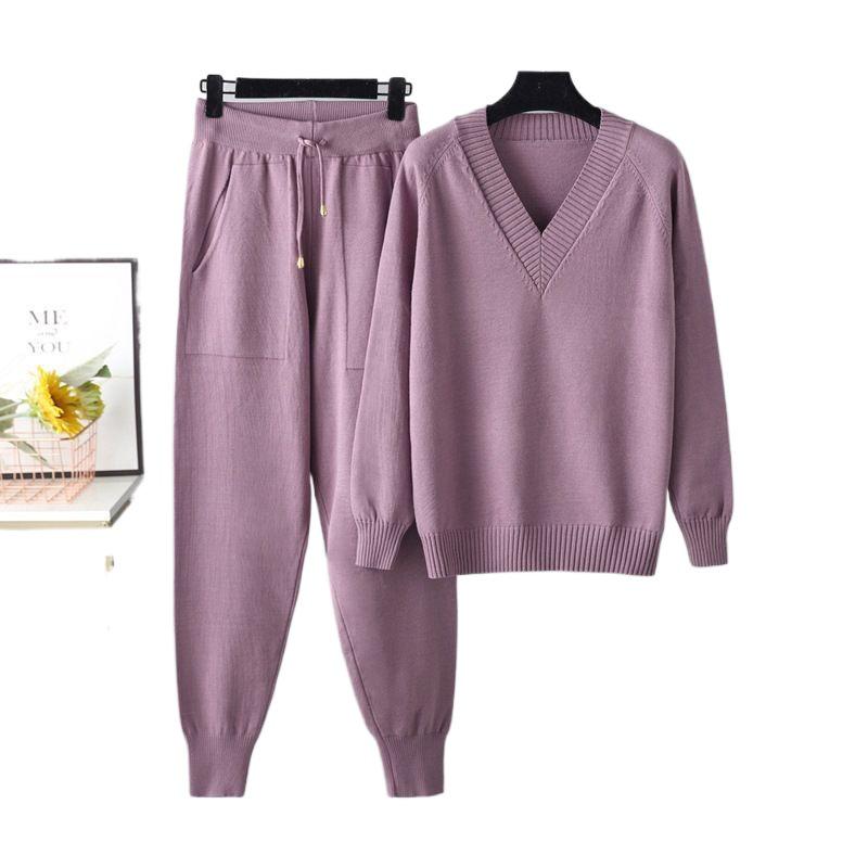 2025 Women's V-neck Knitted Sweater Sporty Two-Piece Set - European & American Autumn/Winter Fashion