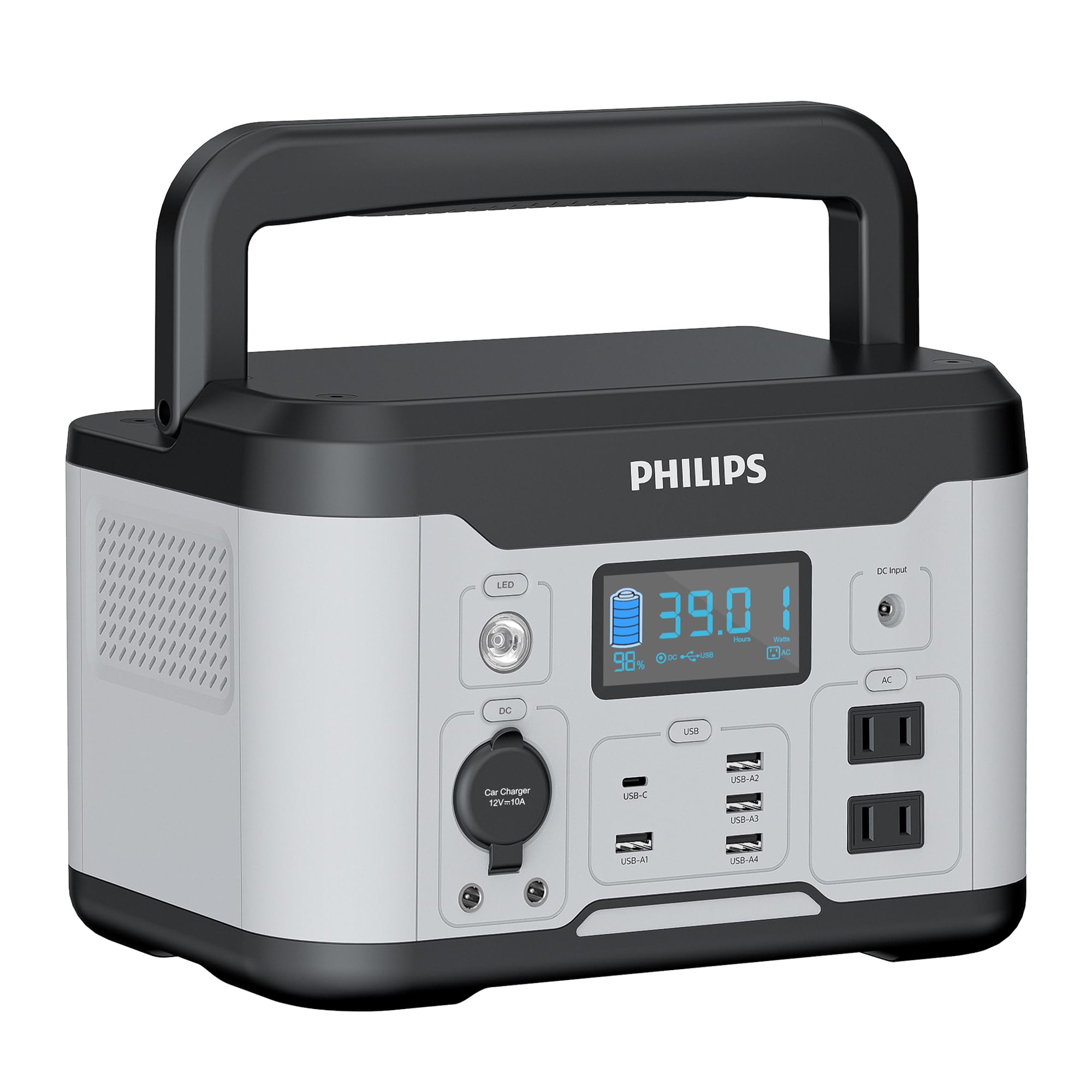 

Philips Портативний блок живлення великої ємності Портативний вихід змінного струму 600 Вт Максимальна вихідна потужність розетки Заряджання 10 пристроїв одночасно, функція наскрізного проходу BMS