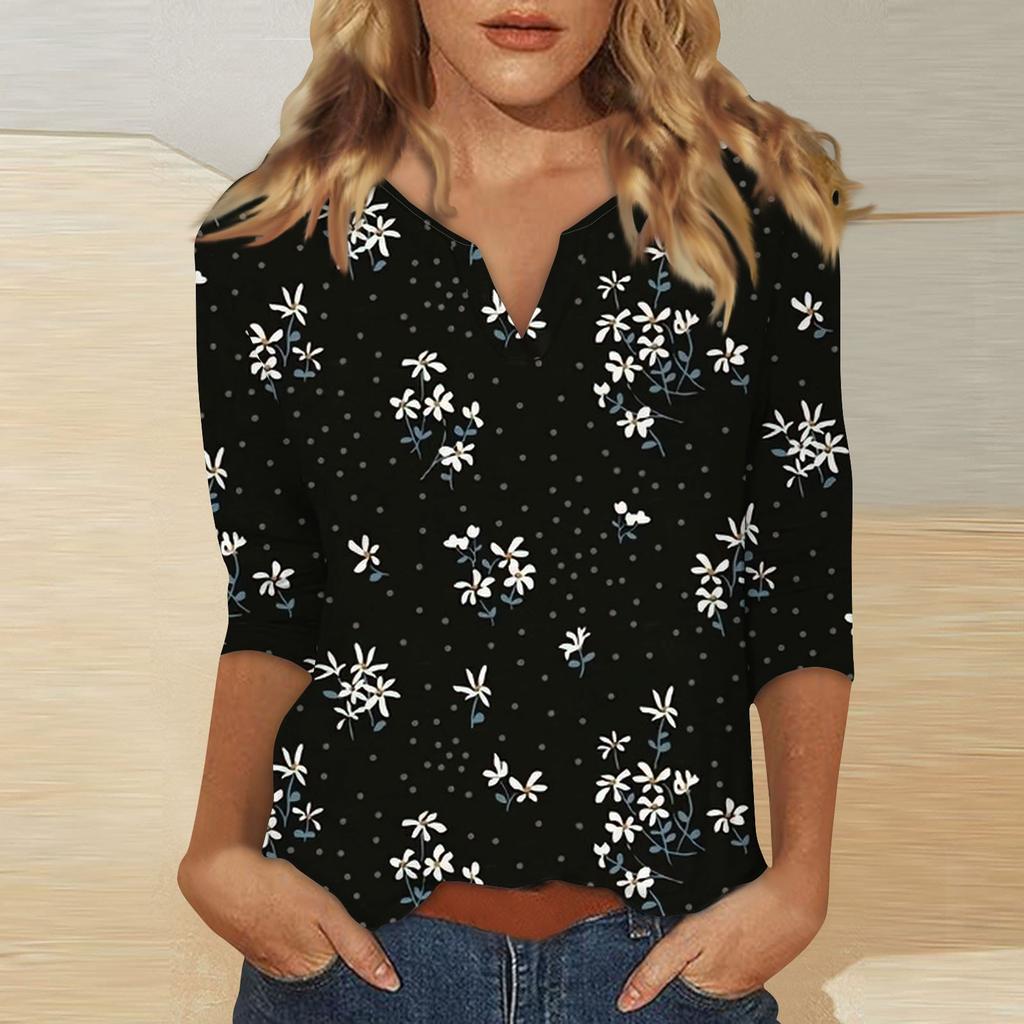 Women's Stand Collar 3/4 Sleeve Printed Top T-shirt