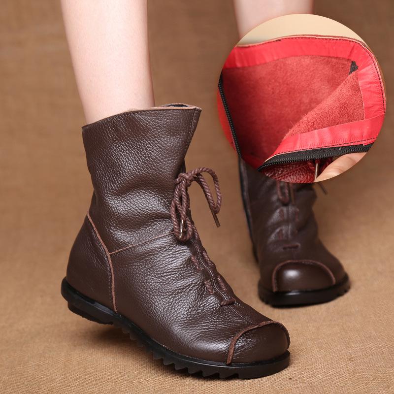 Original Genuine Leather Low Heel Ankle Boots - Retro Style for Autumn/Winter Women's Fashion