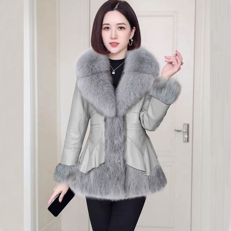 Winter Women's  Faux Fur Coats Slim V Neck Faux Fox Fur Coat Thickened PU Leather Jacket with Fur Collar