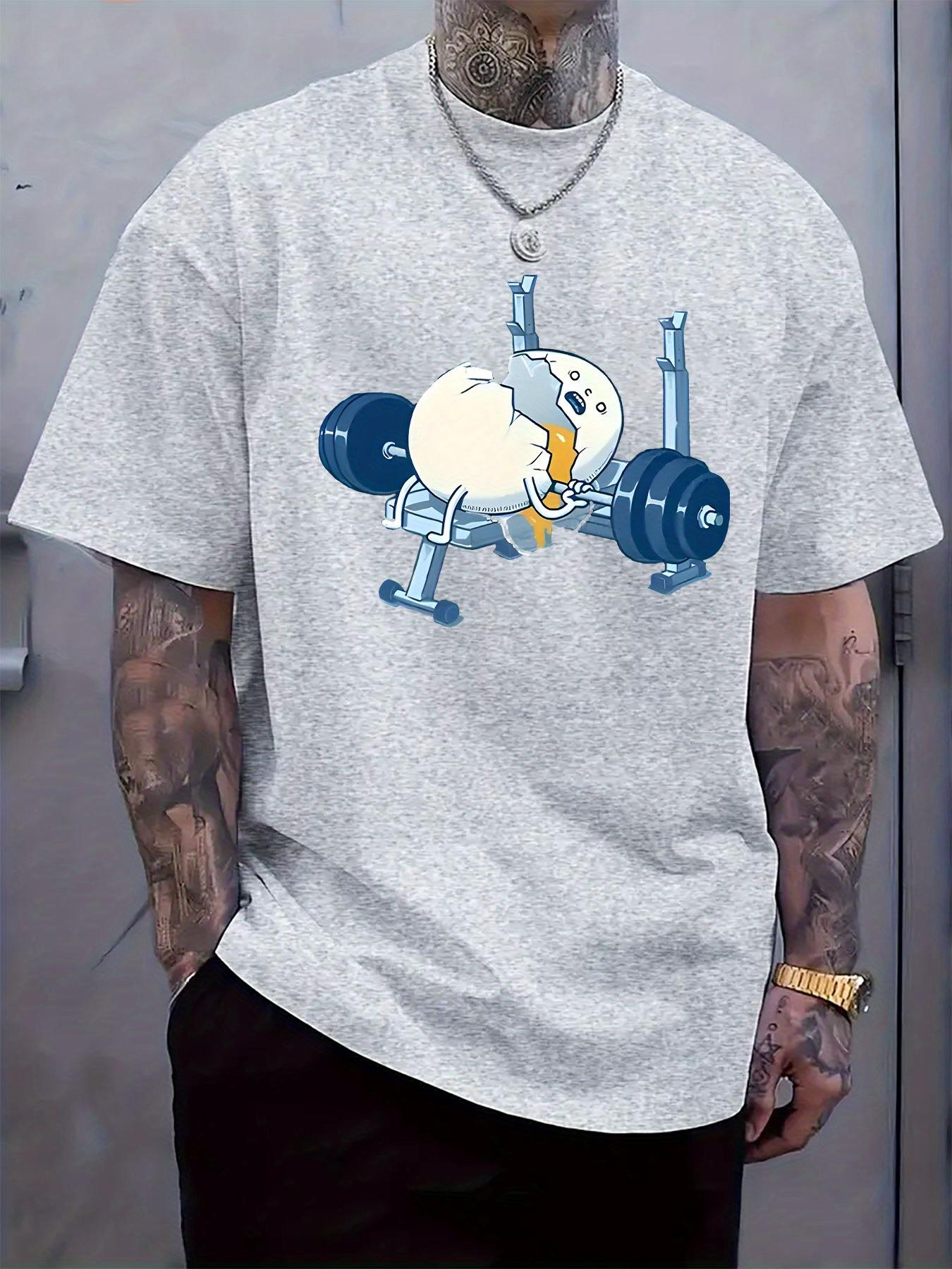 

Fitness Egg Cartoon Graphic T-shirt - White Crew Neck Short Sleeve Tee with Dumbbell Design XXL