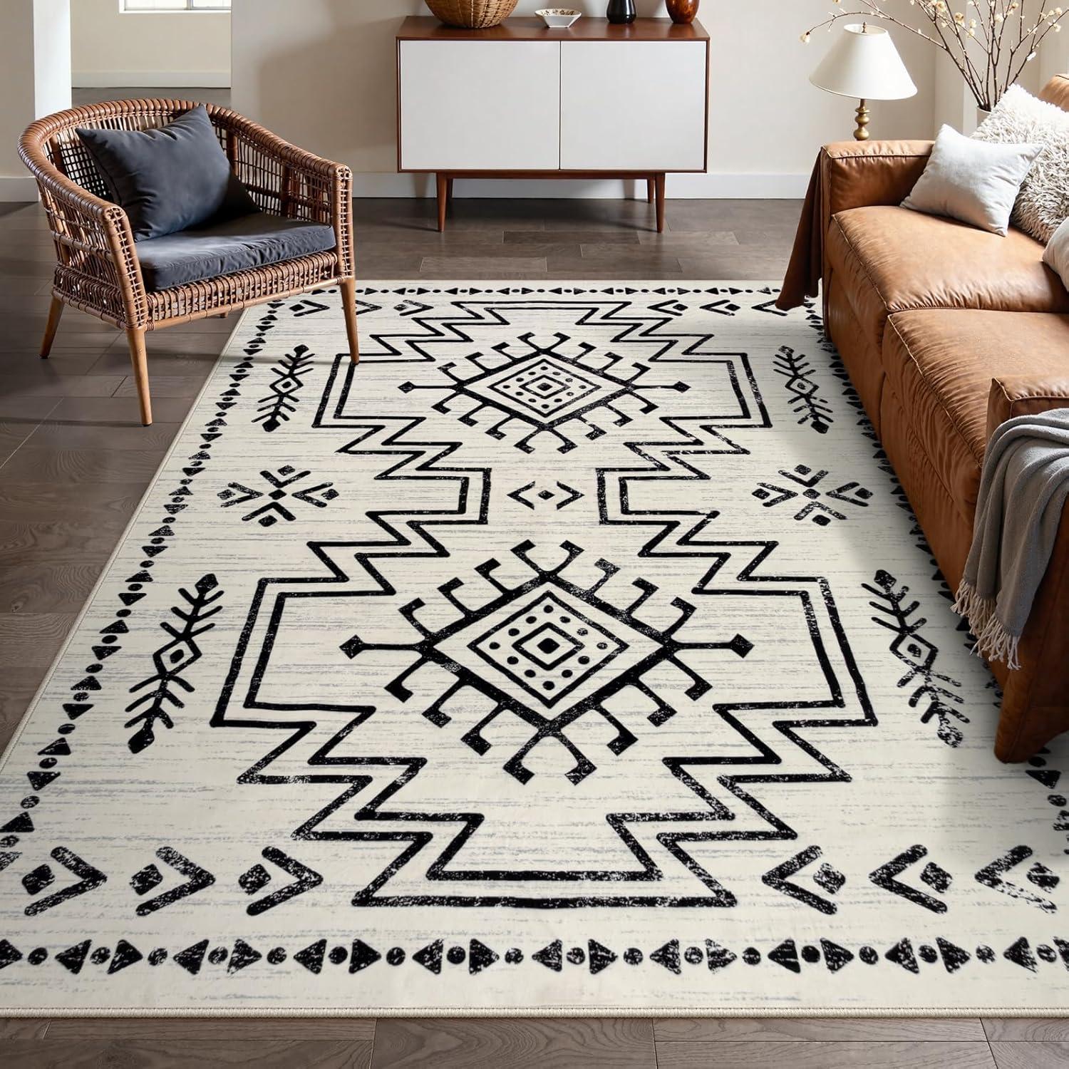 

Vintage Aztec Tribal Area Rug Black White Geometric Totem Floor Mat Bohemian Ethnic Carpet for Living Room Bedroom Home Decor 40X60cm