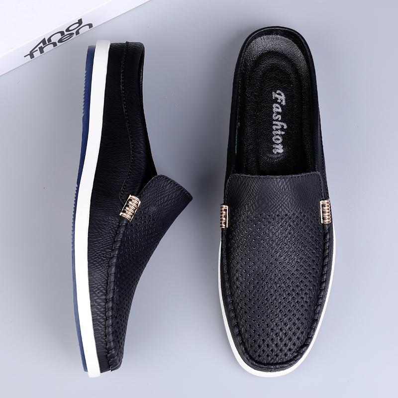 Designer Men Casual Shoes Luxury Brand High Quality Breathable Hollow Out Leather Slipper Mans Loafers Summer Half Shoes For Men