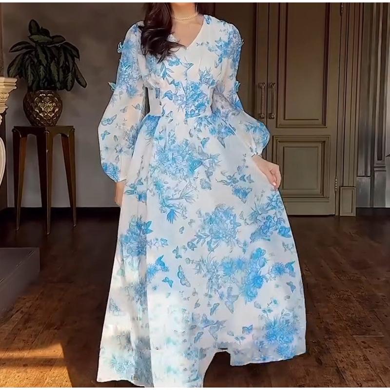 Women's Printed Long Hem Dress with V-neck and Irregular Strap Design Casual Waist Cinching Versatile and Elegant Women's Dress for Daily Wear
