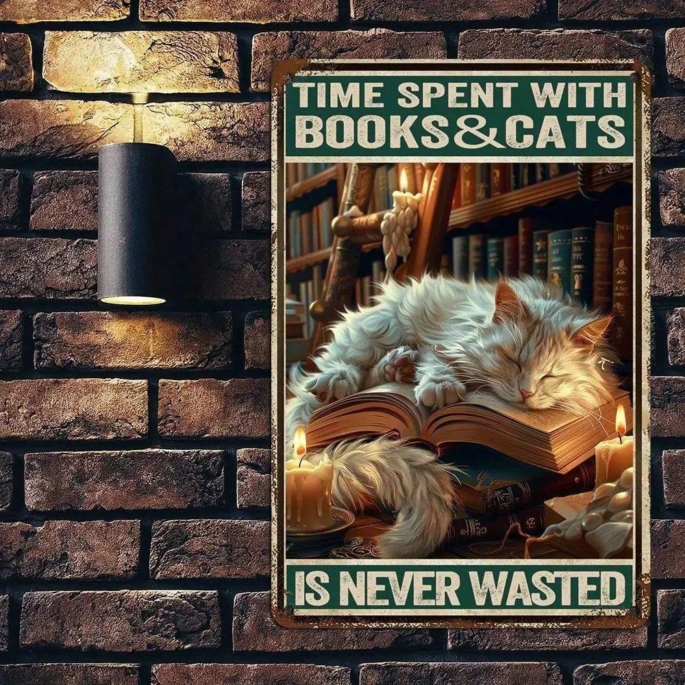 Cocofun Vintage Metal Wall Art Sign for Book & Cat Lovers, Heavy-Duty Inspirational Quote Poster