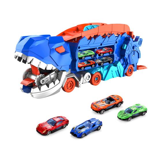 

1 Набор Игрушка грузовик-динозавр с маленькой складной трассой из сплава, портативная ручка, инерционный привод, транспортное средство-контейнеровоз для динозавров B синий