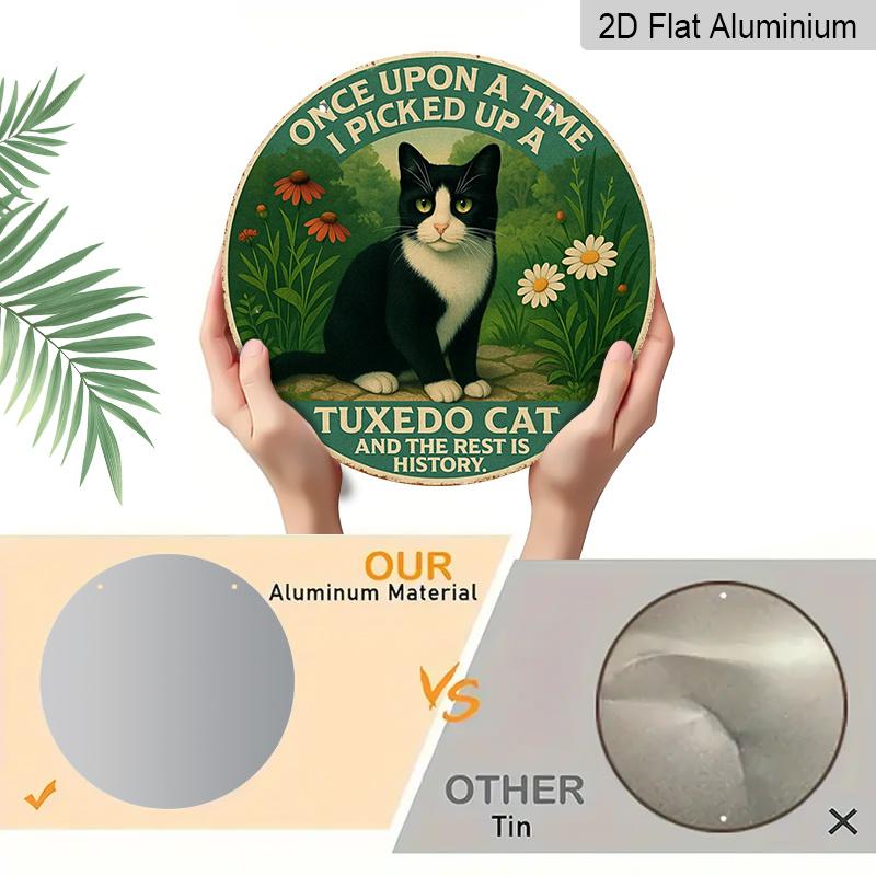 2D Flat, 1pc Round Waterproof Aluminum Hanging Sign, Vintage Green Background Tuxedo Cat Daisy Floral Funny Quote Print, Rustic Metal Plaque, Cat
