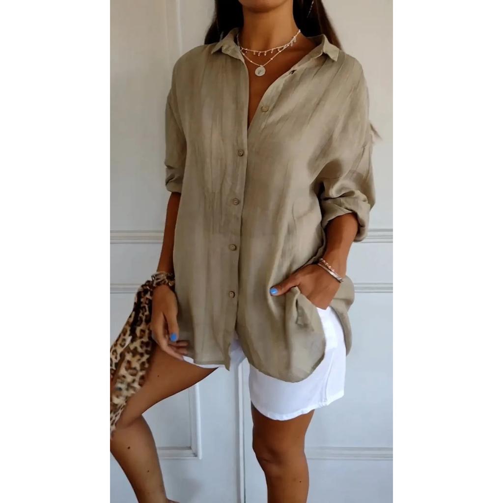 IHUASU Single Breasted Pleated Lapel Shirt Women's Solid Color Pull-up Sleeve Top