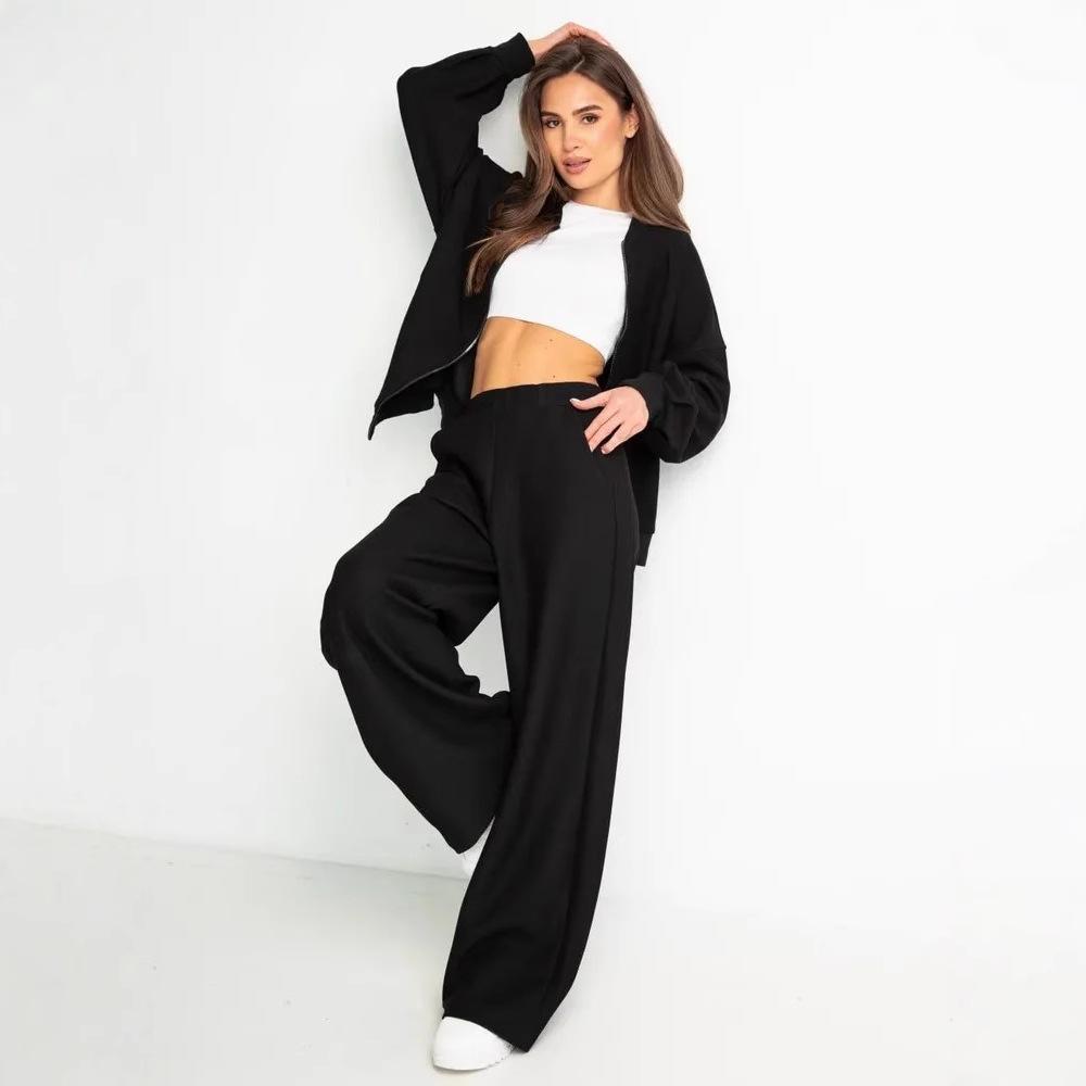 Women's Autumn 2-Piece Sportswear Set - Casual Long Sleeve Zip-Up Baseball Jacket & Solid Color Trousers