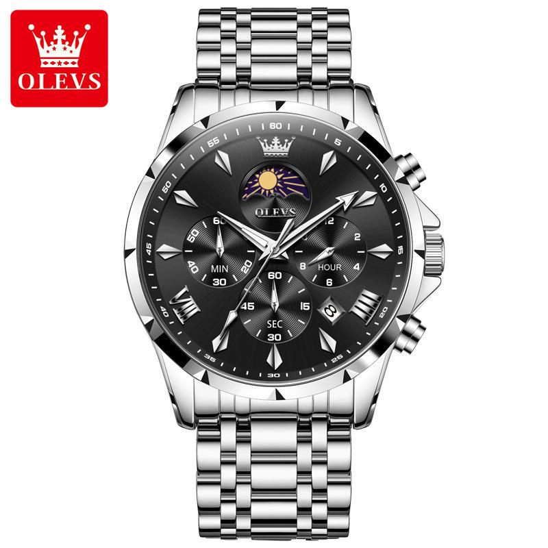 OLEVS Original Chronograph Quartz Watch For Men Moon Phase Stainless Steel Waterproof Man Watch Date Fashion Wrist Watch