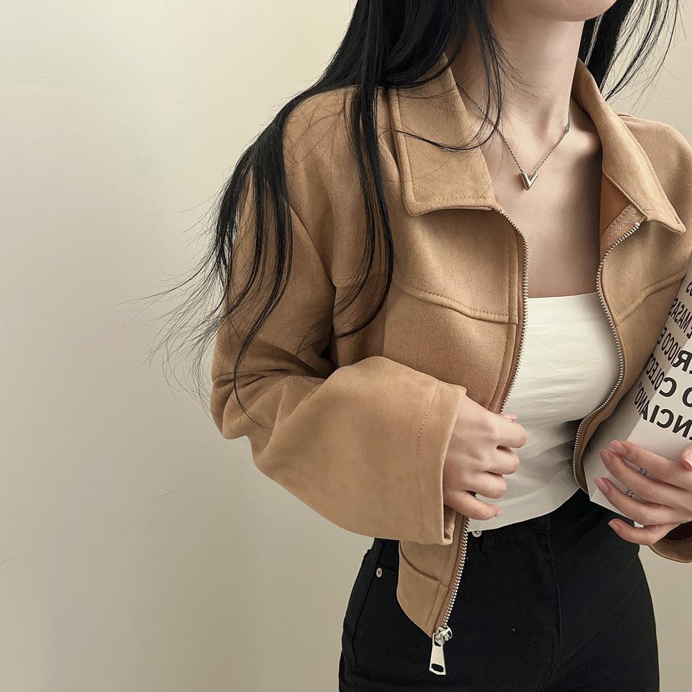 

Korean chic autumn retro handsome front shoulder jacket jacket women s lapel zipper long-sleeved leather fleece short coat M