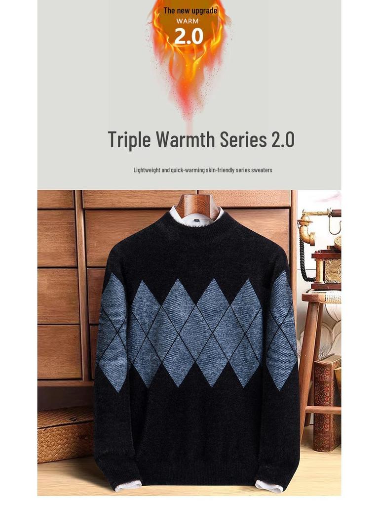Trendig Vinterstickad Tröja för Herrar 2025 - Tjock Halvhög Krage Jacquardstickad Tröja i Imitationsminkflock