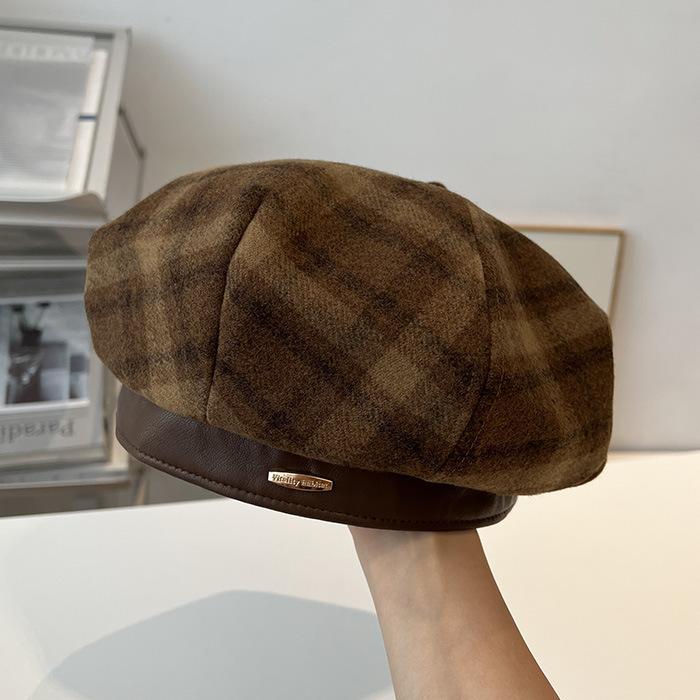 Polished Woolen Plaid Leather Brim Beret Women's Autumn and Winter Retro British Lady Hong Kong Style Ins Painter Hat
