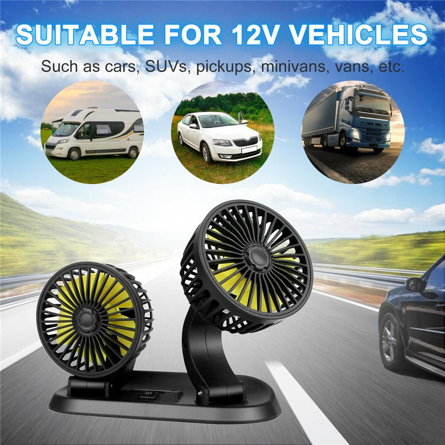 12V Black Car Folding Dual Head Fan 360° Rotatable Auto Cooler Air Fan Low Noise