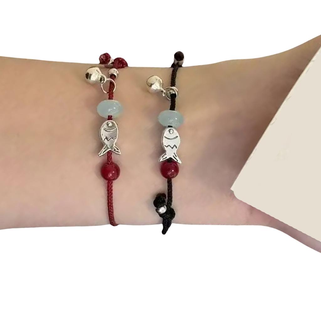 Pack of 2 Fish Charm Braided Bracelets Adjustable Red Black Cord Jewelry Wristband Accessory for Couples Friendship