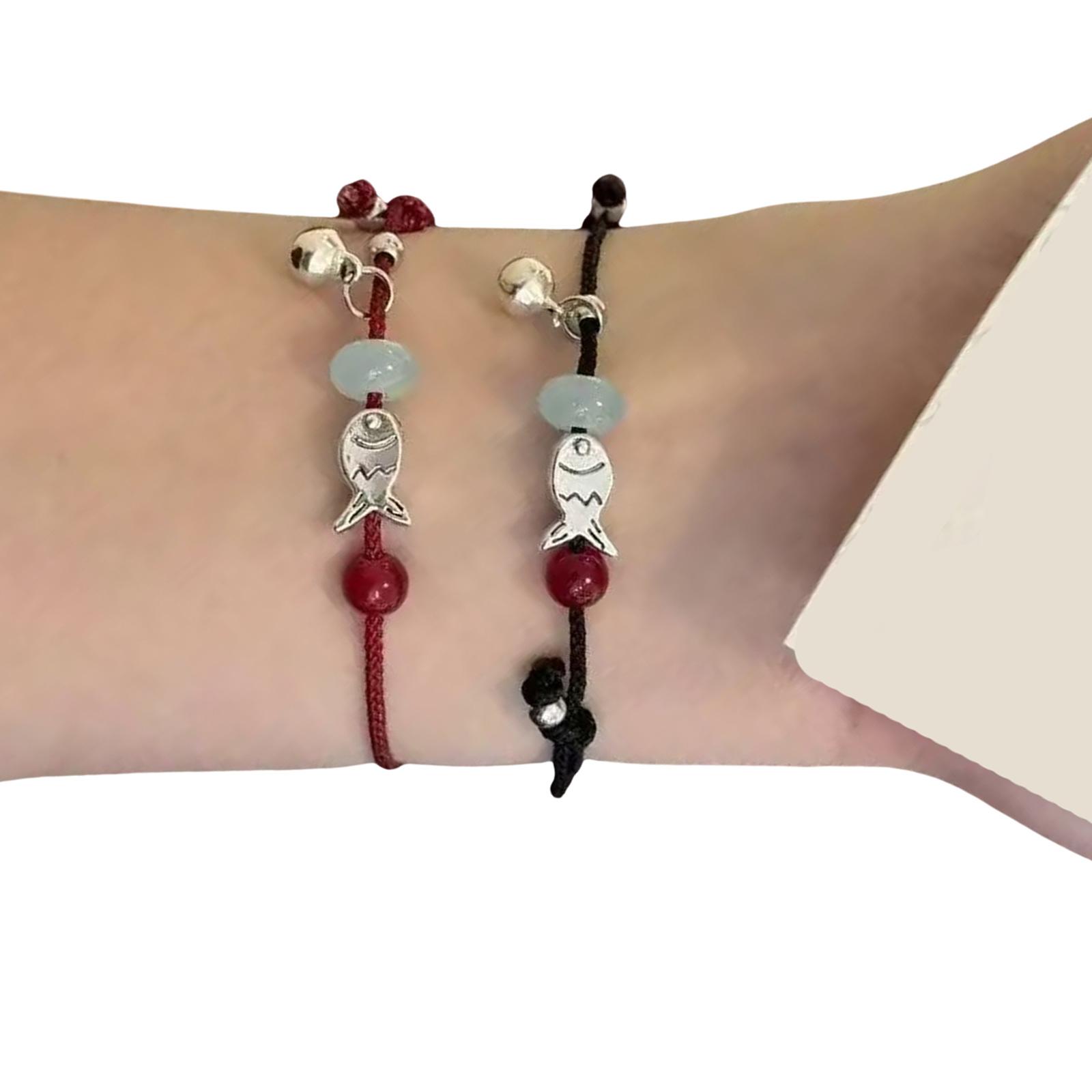 

Набор из 2 плетеных браслетов с рыбками, регулируемые красные и черные шнурки, ювелирное украшение, аксессуар-браслет на запястье для пар, дружбы A