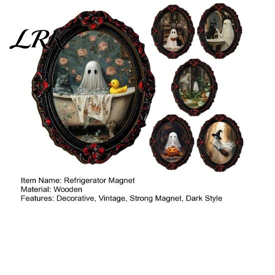 Retro Black Embossed Photo Frame Gothic Halloween Refrigerator Magnet, Distressed Oval Frige Magnets, Dark Waterproof Oil Painting Art Style Skeleton