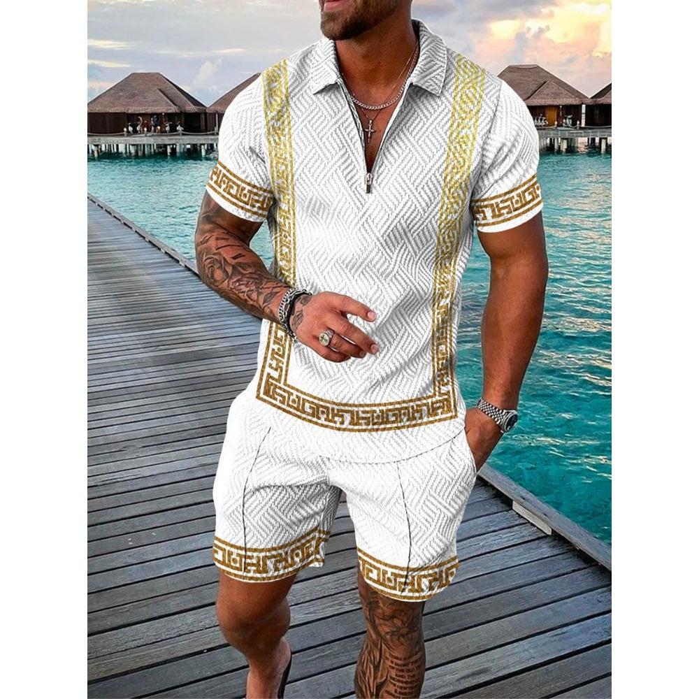 

Летний повседневный костюм-поло с полосатым принтом для мужчин S
