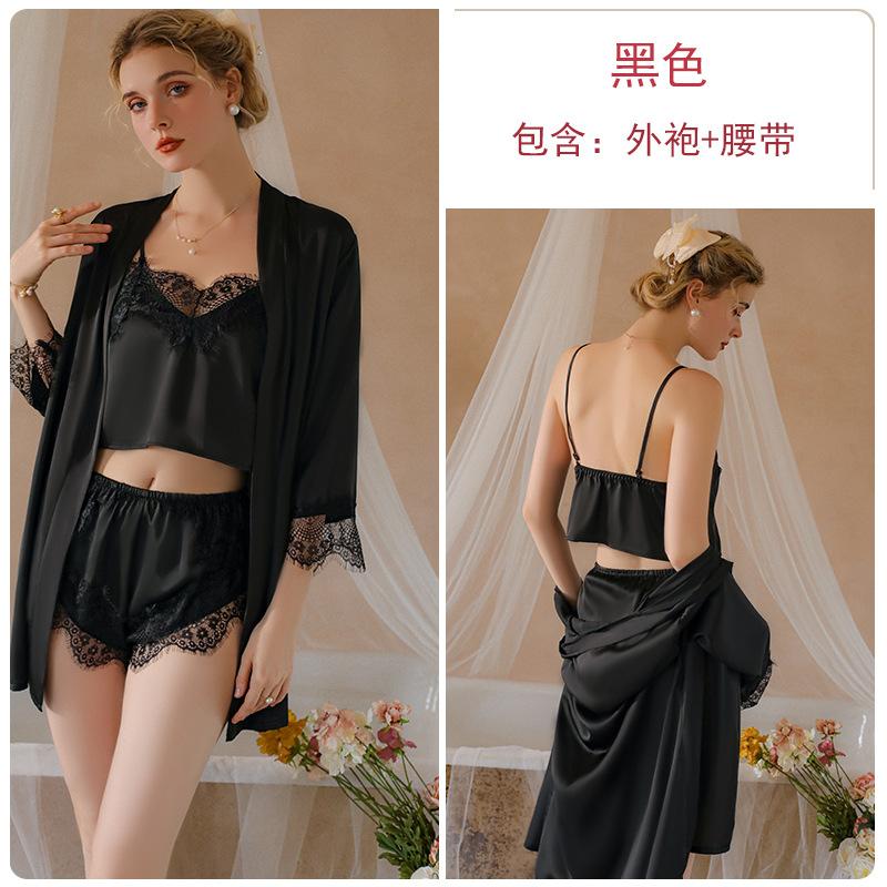 Women's Solid Satin Lace Cami Top Shorts with Robe Lounge Set
