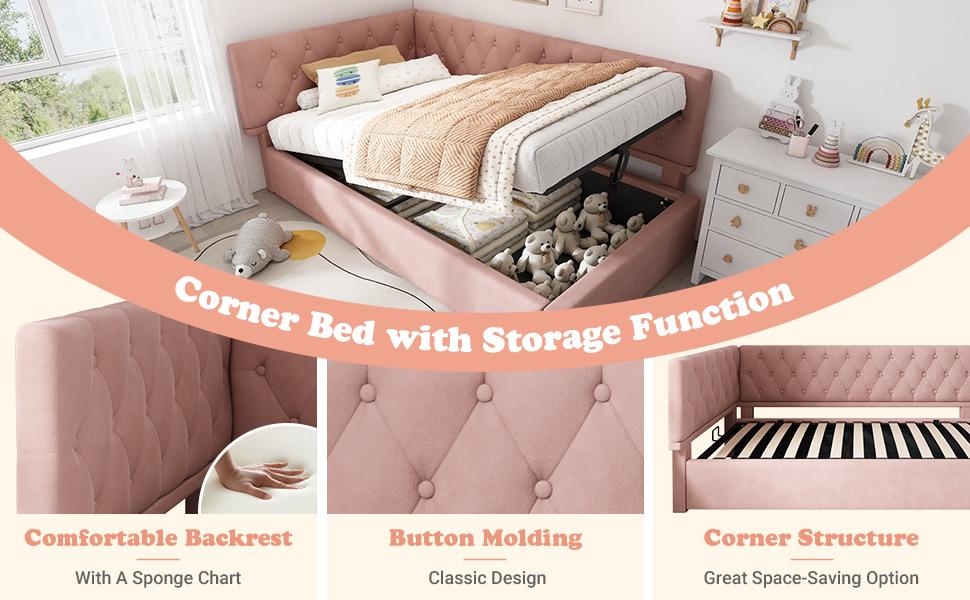 Upholstered Bed Day Bed 90x190cm, Sofa Bed with Hydraulic Storage, Children's Youth Bed Frame with Wooden Slatted Base, Velvet, Pink, without Mattress