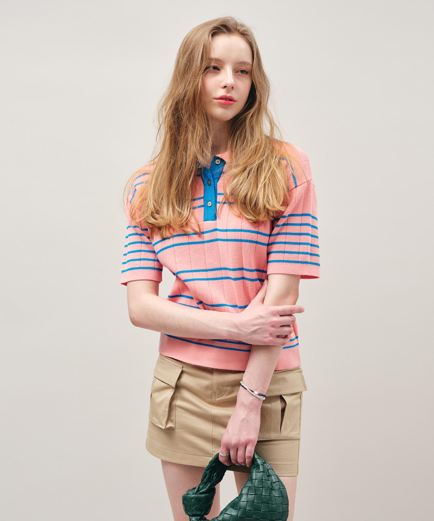 Mayol Striped Short Sleeve Polo Knit_Pink Note/One Size