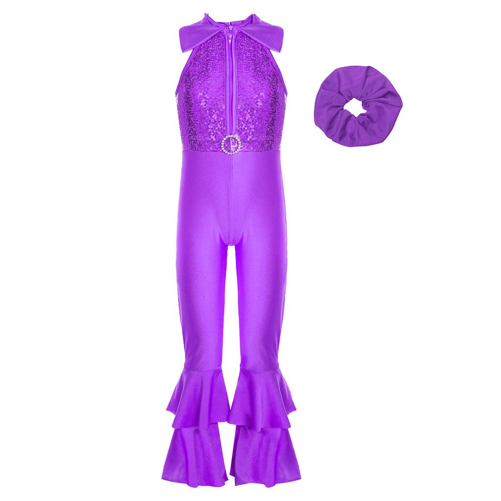 Girls Shiny Sequins Dance Leotard Sleeveless Turndown Collar Zipper O Ring Bell Bottom Design with Hair Band