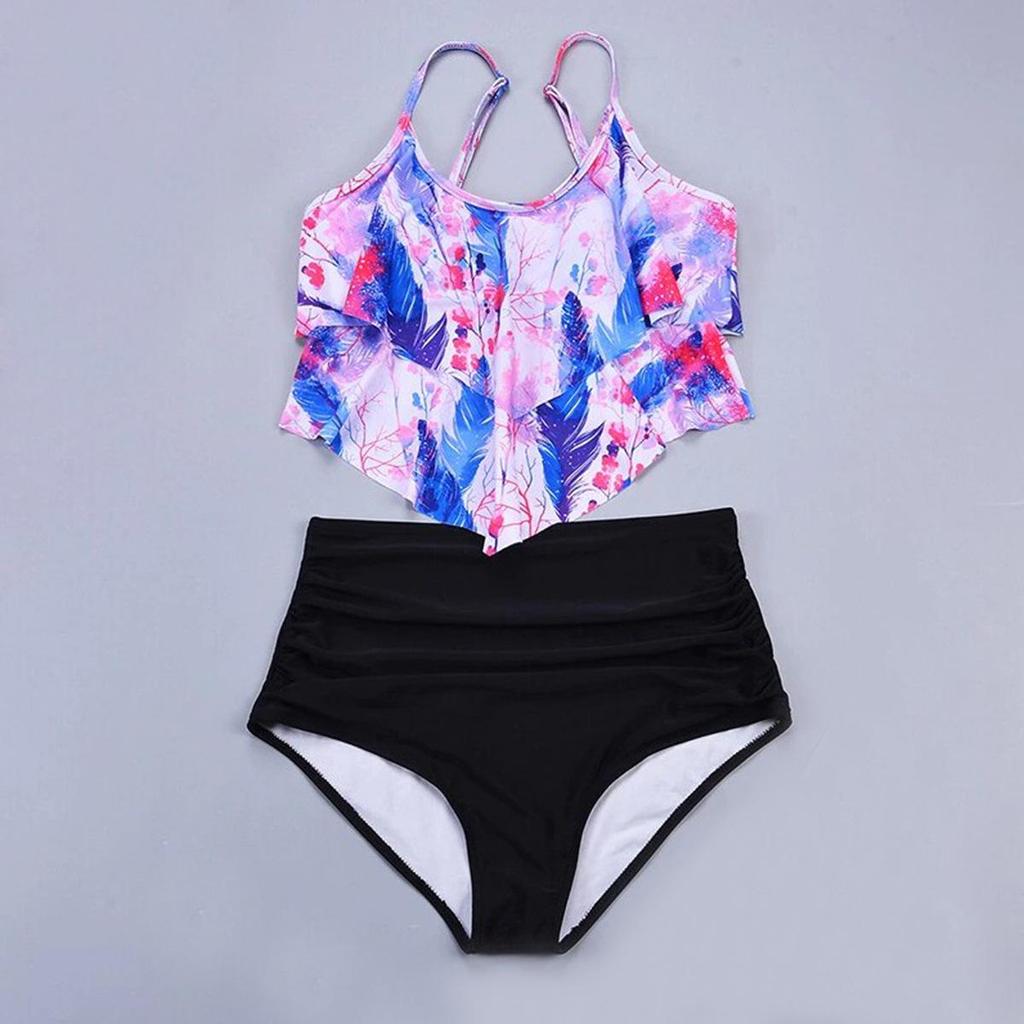 Costum de baie din două piese cu talie înaltă pentru femei, cu margine în formă de frunză de lotus
