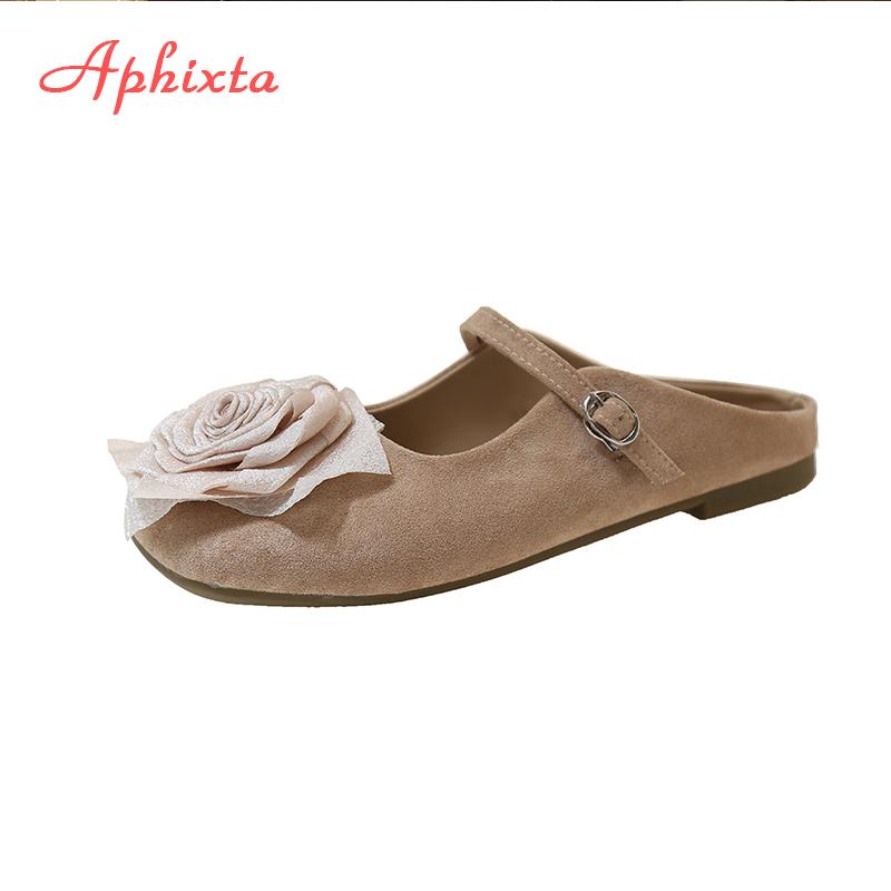 Fashion Aphixta New Big Flower Dec Slippers Khaki Sweet Women Slippers Soft Sole Slip On Outside Round Toe Shoes Flat Heel Fashion Slide