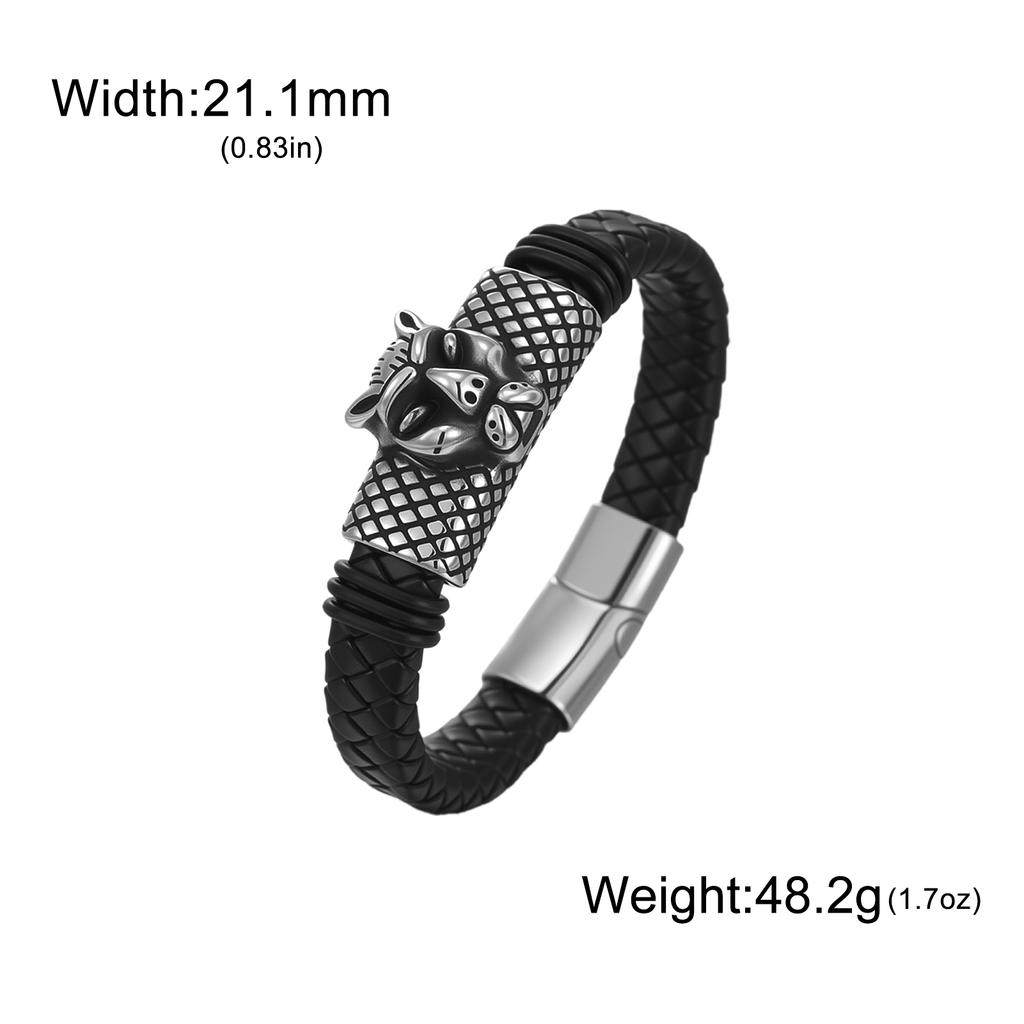 Dreamtimes Retro Stainless Steel Lion Head Steel Woven Leather Rope Bracelet for Women Men Hip-Hop Trendy Jewelry