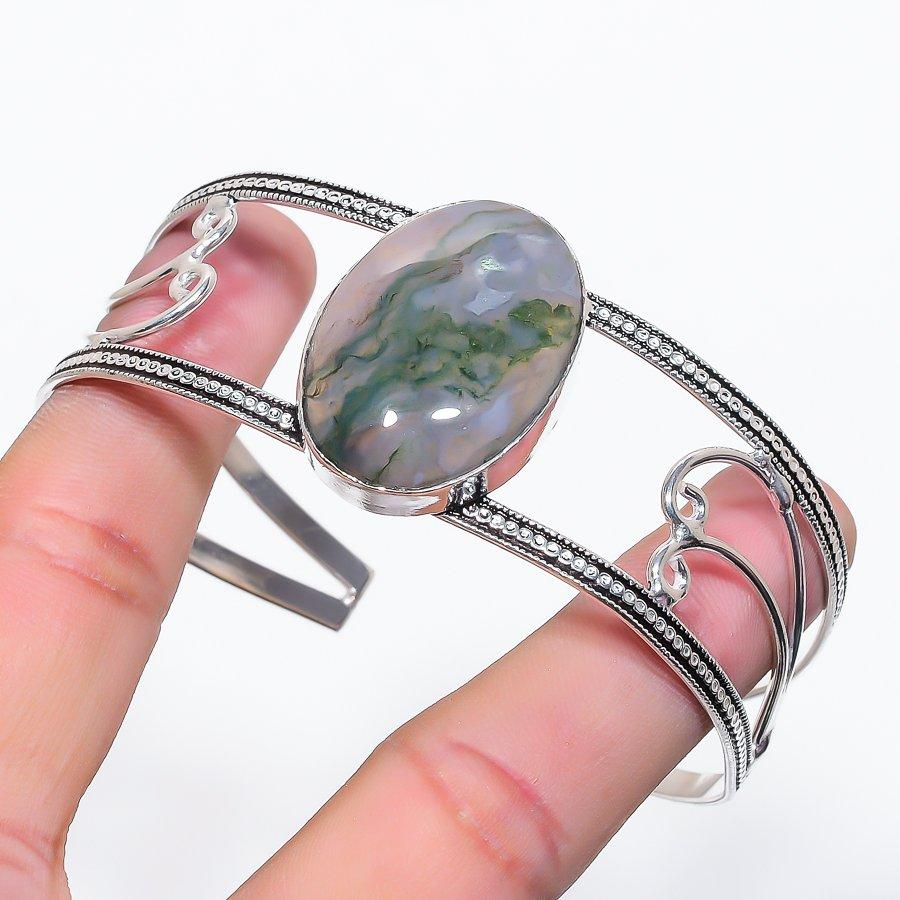 Natural Indian Moss Agate Gemstone 925 Sterling Silver Cuff Bangle Adj V1z31