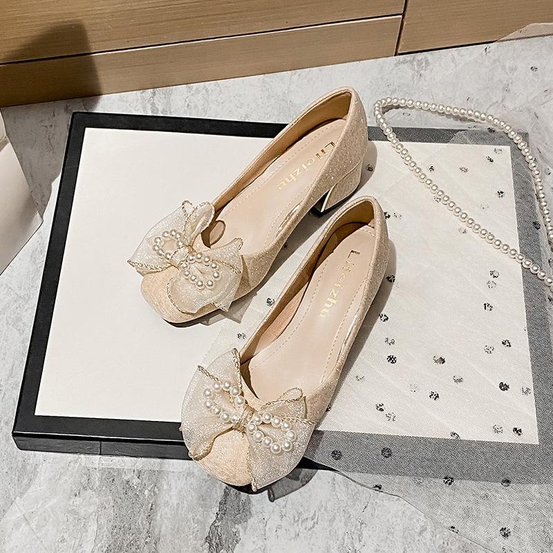 

New autumn shallow mouth daily wear with skirt fairy style thick heel large size single shoes engagement shoes bridesmaid shoes 43 абрикосовый