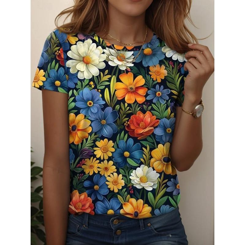 Summer Round Neck 3D Print Floral Graphic Top Fashionable Casual Short Sleeved Women's T-shirts