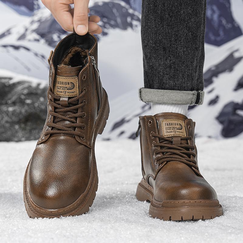 Fashion Casual Leathe Men's Motorcycle Boots Autumn Winter High Top Shoes Business British Ankle Boots Warm Plush Fur Basic Boot