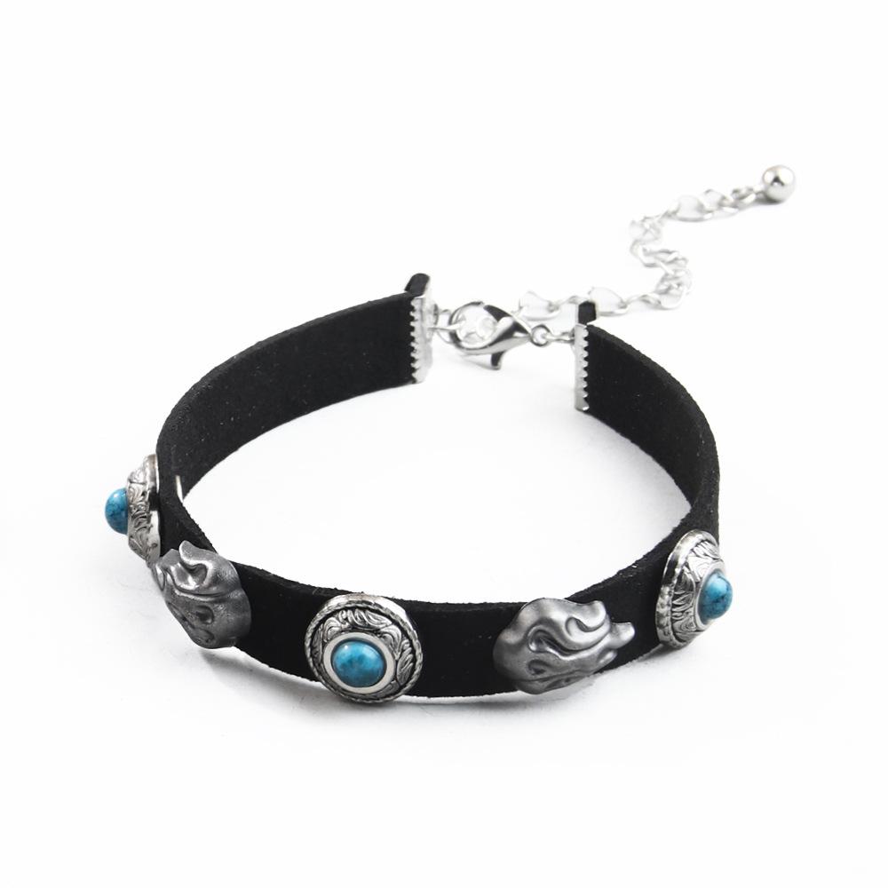 JMXD-Vintage Necklace Metal Flame Stone Velvet Turquoise Necklace, Bohemian Necklace