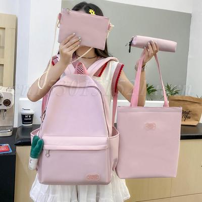 4pcs/set Students Aesthetic Backpacks Solid Color Simple Schoolbag Lightweight College Knapsack Nylon Waterproof Teenage Bookbag
