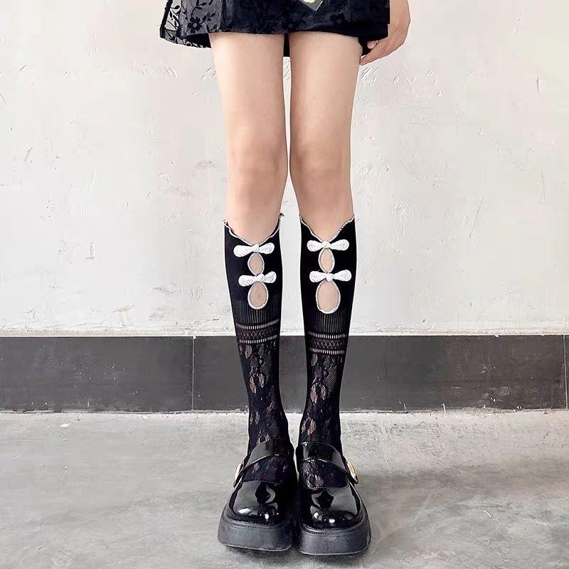 Y2K Sweet-Spicy Girl Socks | Retro Chessboard Button Hollow Lace Calf Knee-High Socks