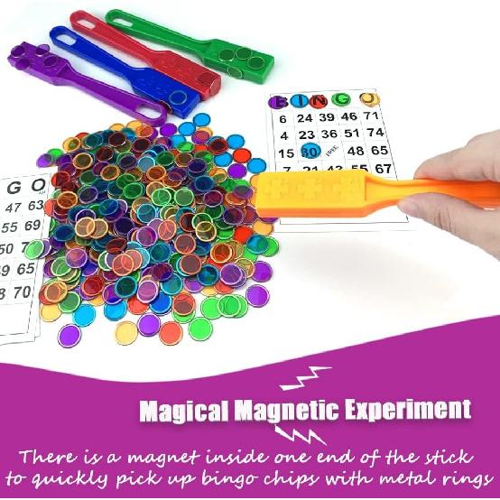 Magnetic Bingo Chips Set - 6 Colors Magnetic Wands with 600 Metal Tokens for Family Lotto Game, Sensory Bins, Counting and Sorting, Class Math