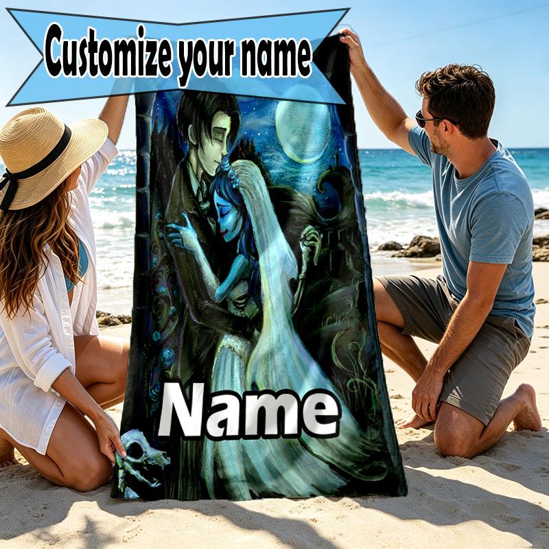 Custom Name Personalized Corpse Bride Print Beach Towel, for Trip Camping Beach Party Home Decor, Birthday Gift for Family & Friends