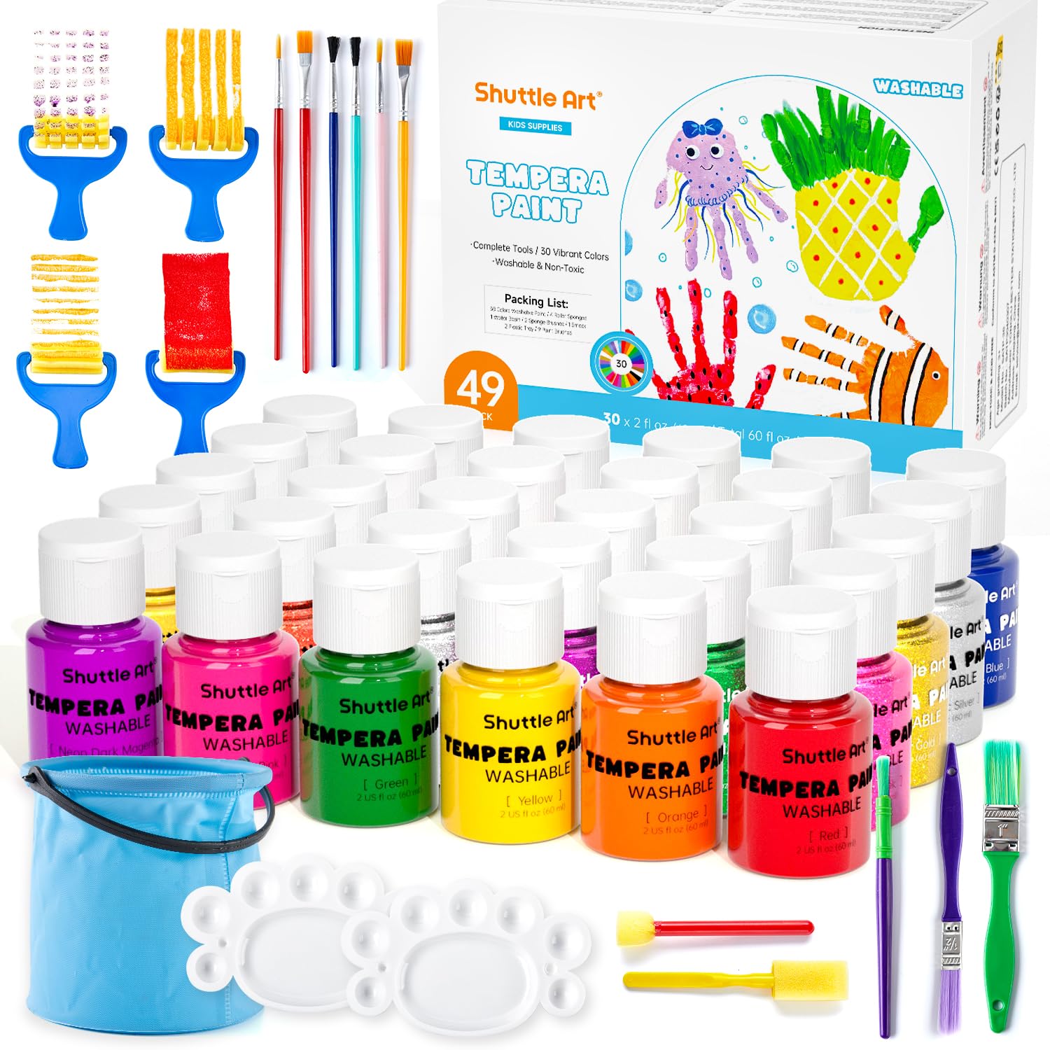 

Shuttle Art Tempera Finger for Handprint and Footprint Perfect for Art or as a Gift for Preschoolers Paints, 30-Color Set, Water-Based, 60ml,